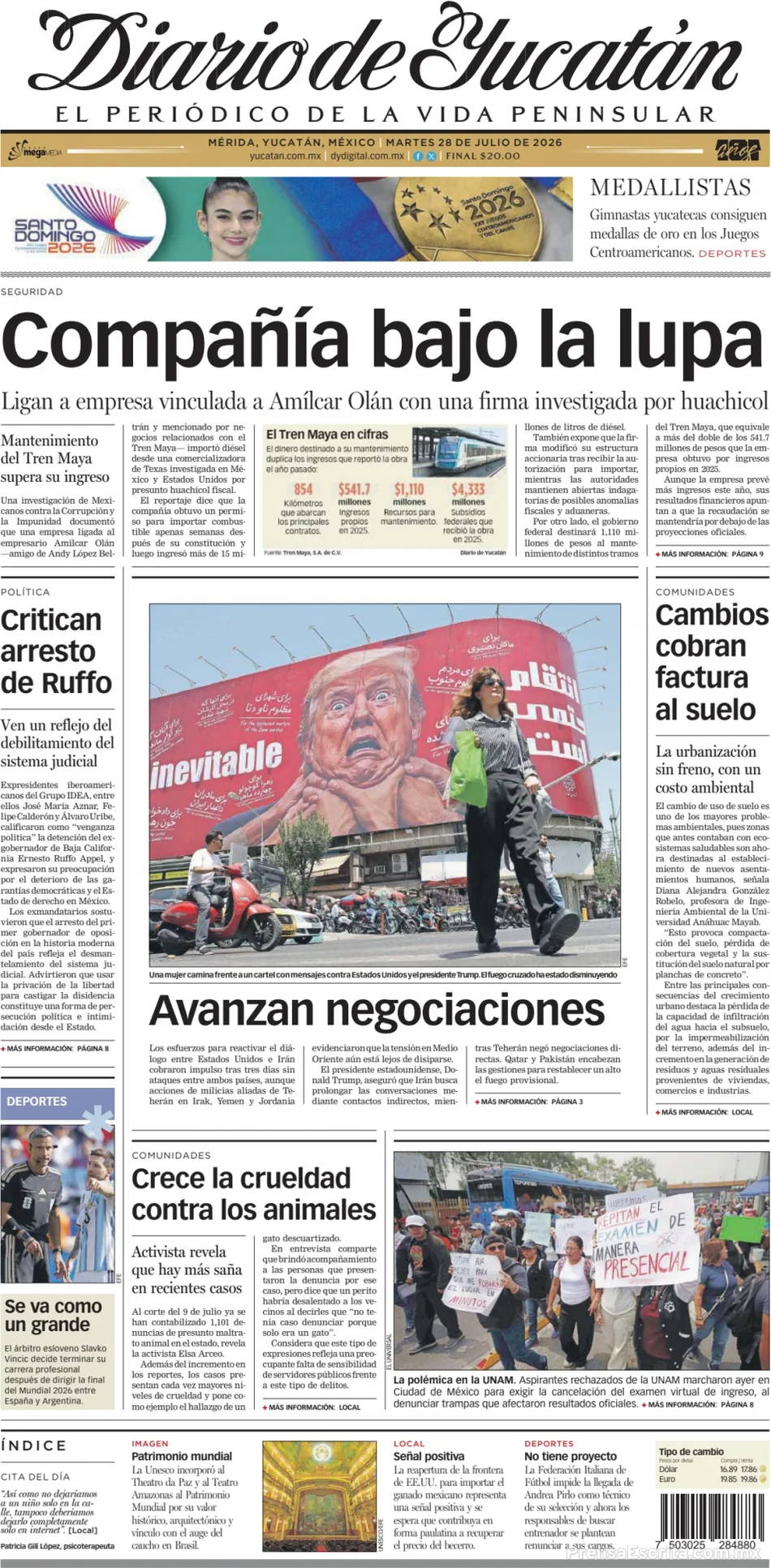 Portada de hoy del Periódico Diario de Yucatán, 28 julio 2026