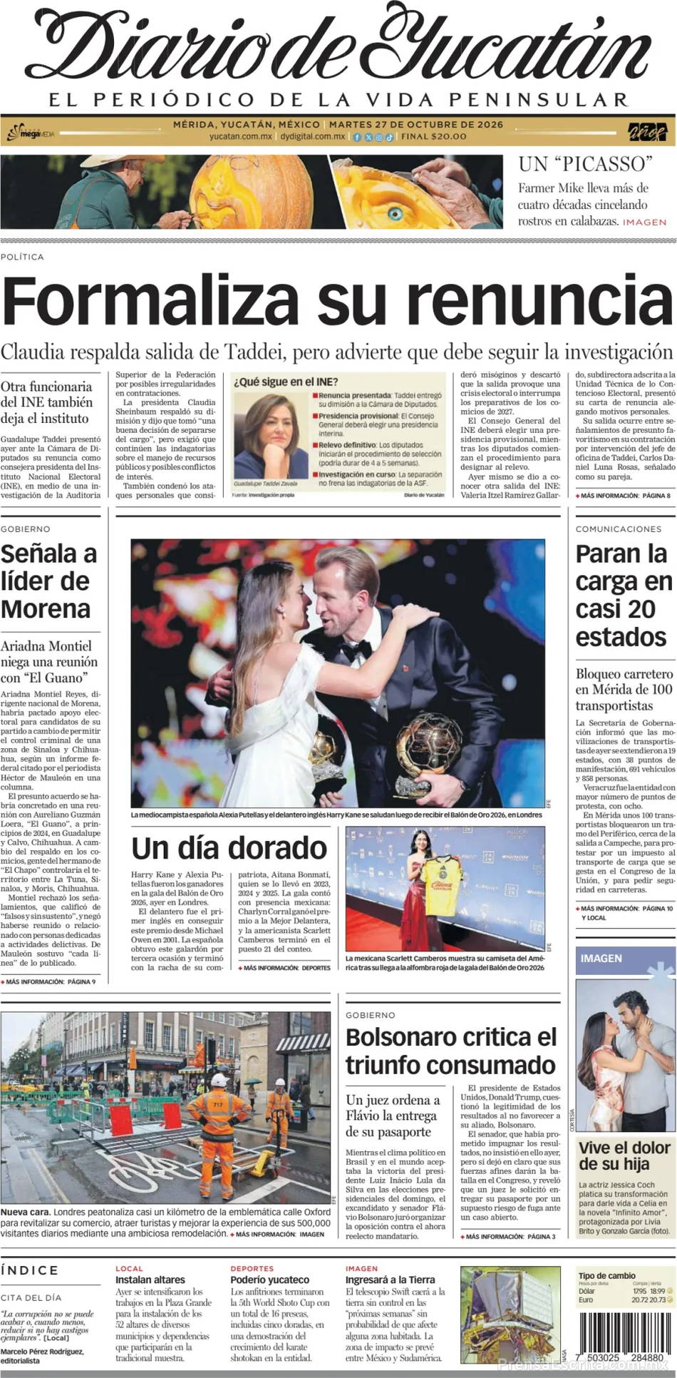 Portada de hoy del Periódico Diario de Yucatán, 27 octubre 2026