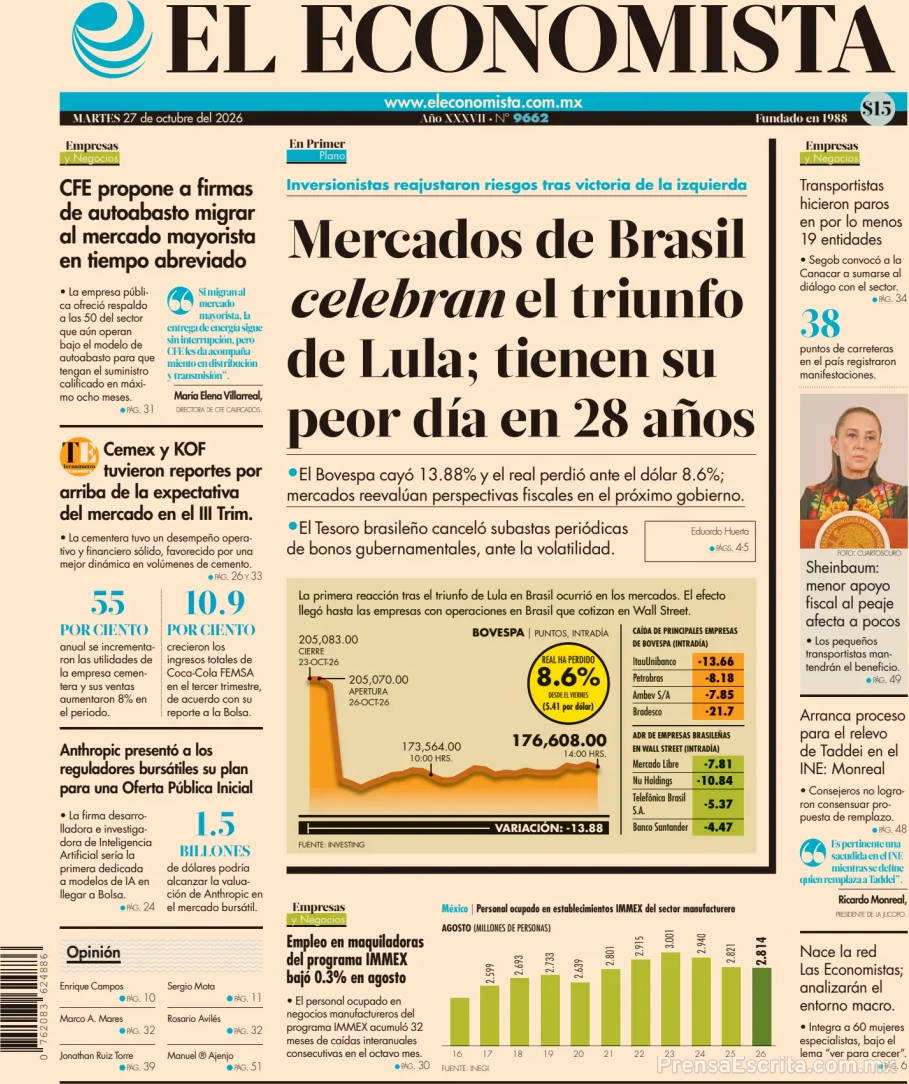 Portada de hoy del Periódico El Economista, 27 octubre 2026