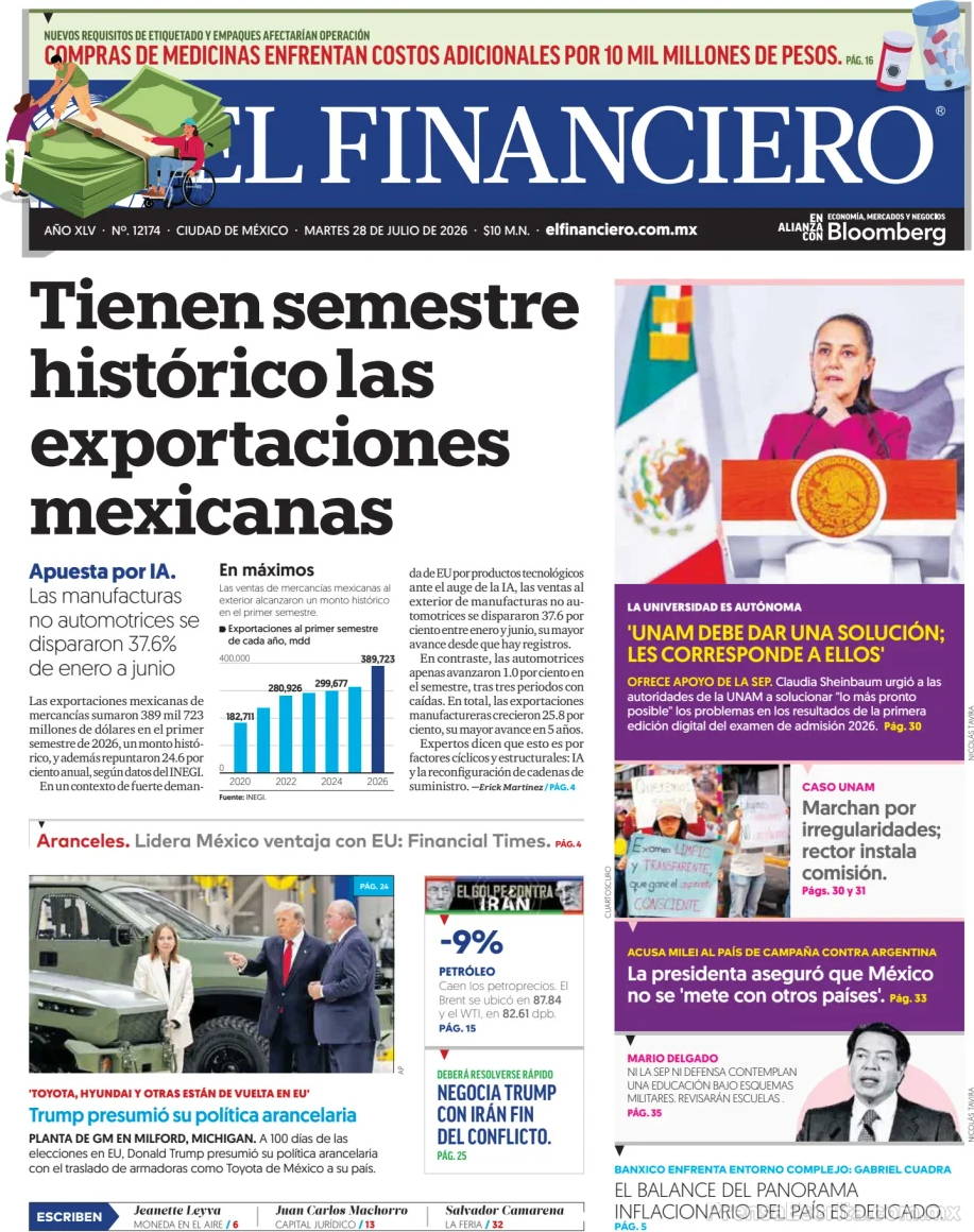 Portada de hoy del Periódico El Financiero, 28 julio 2026