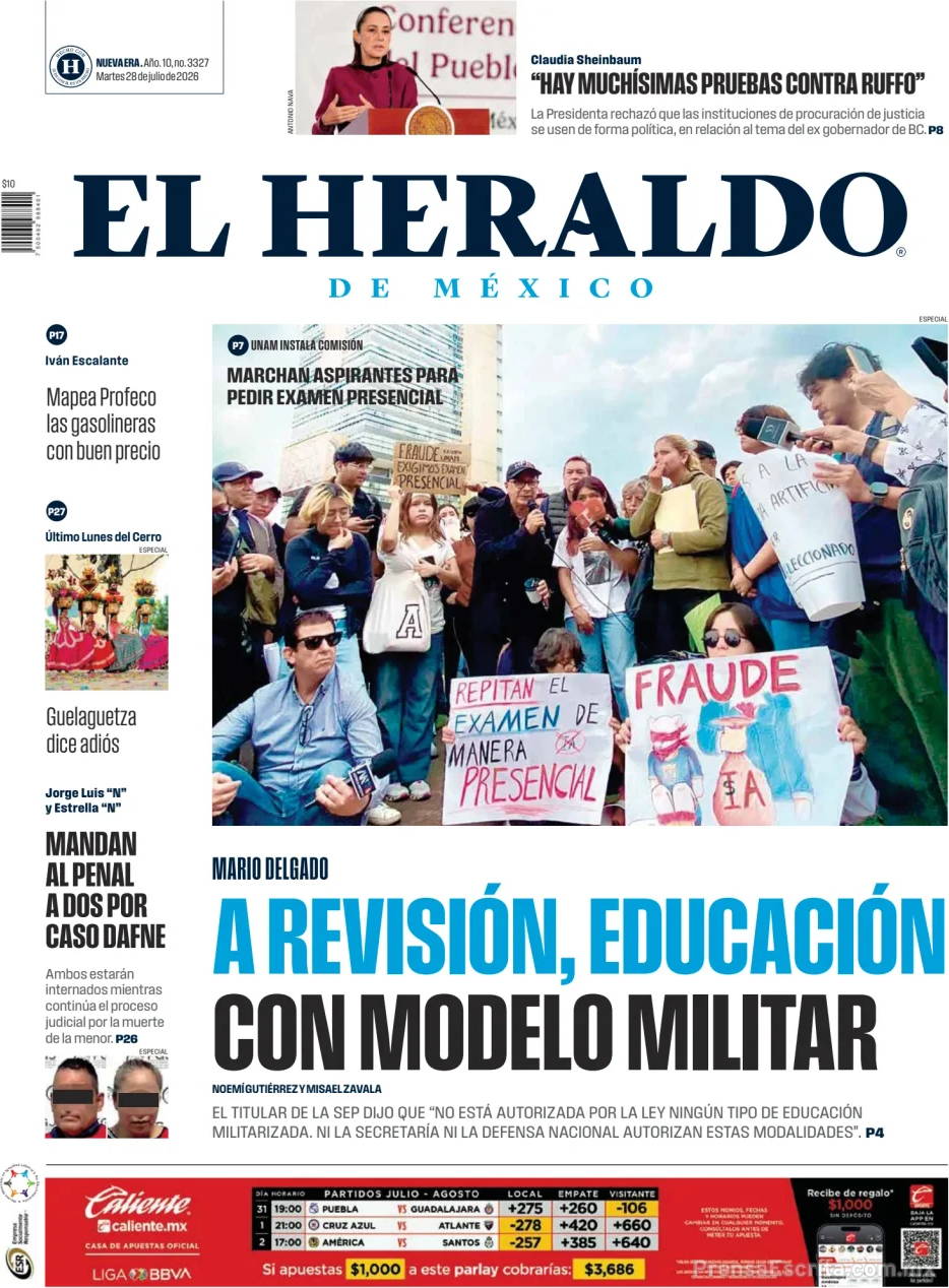 Portada de hoy del Periódico El Heraldo de México, 28 julio 2026