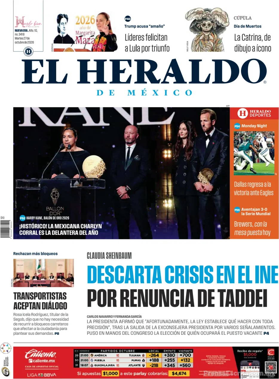 Portada de hoy del Periódico El Heraldo de México, 27 octubre 2026