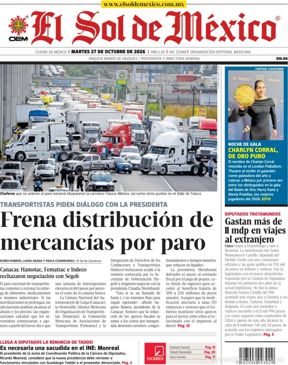 Portada de hoy del Periódico El Sol de México, 27 octubre 2026