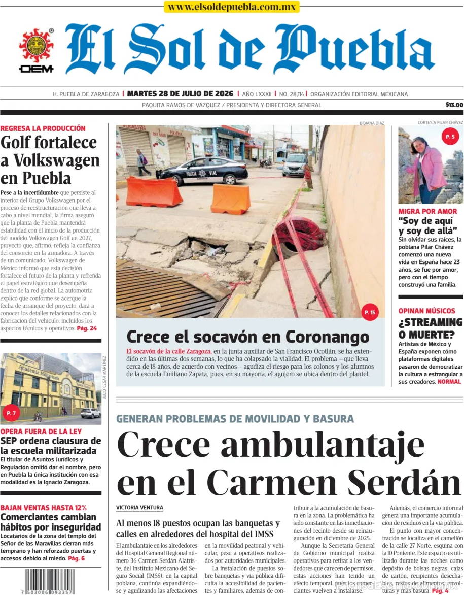 Portada de hoy del Periódico El Sol de Puebla, 28 julio 2026
