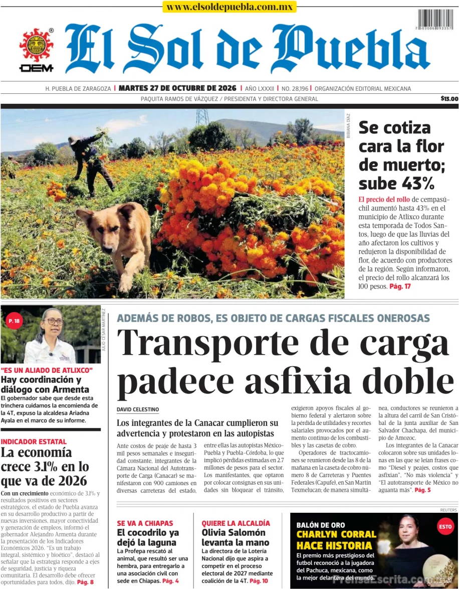 Portada de hoy del Periódico El Sol de Puebla, 27 octubre 2026
