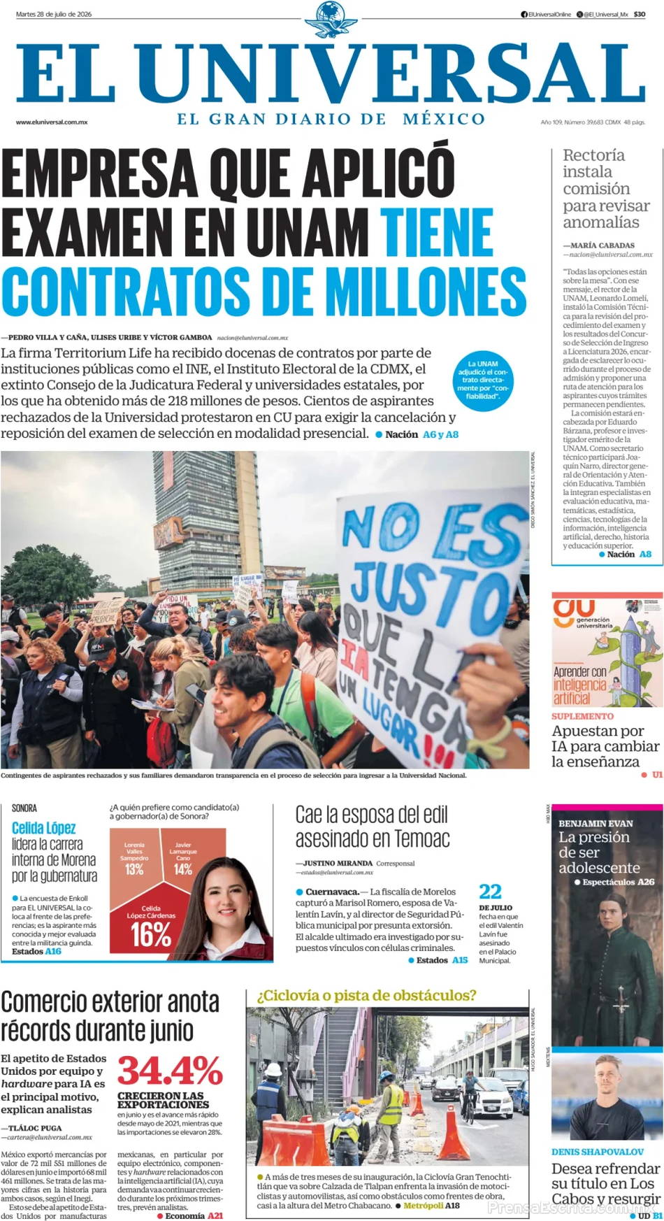 Portada de hoy del Periódico El Universal, 28 julio 2026