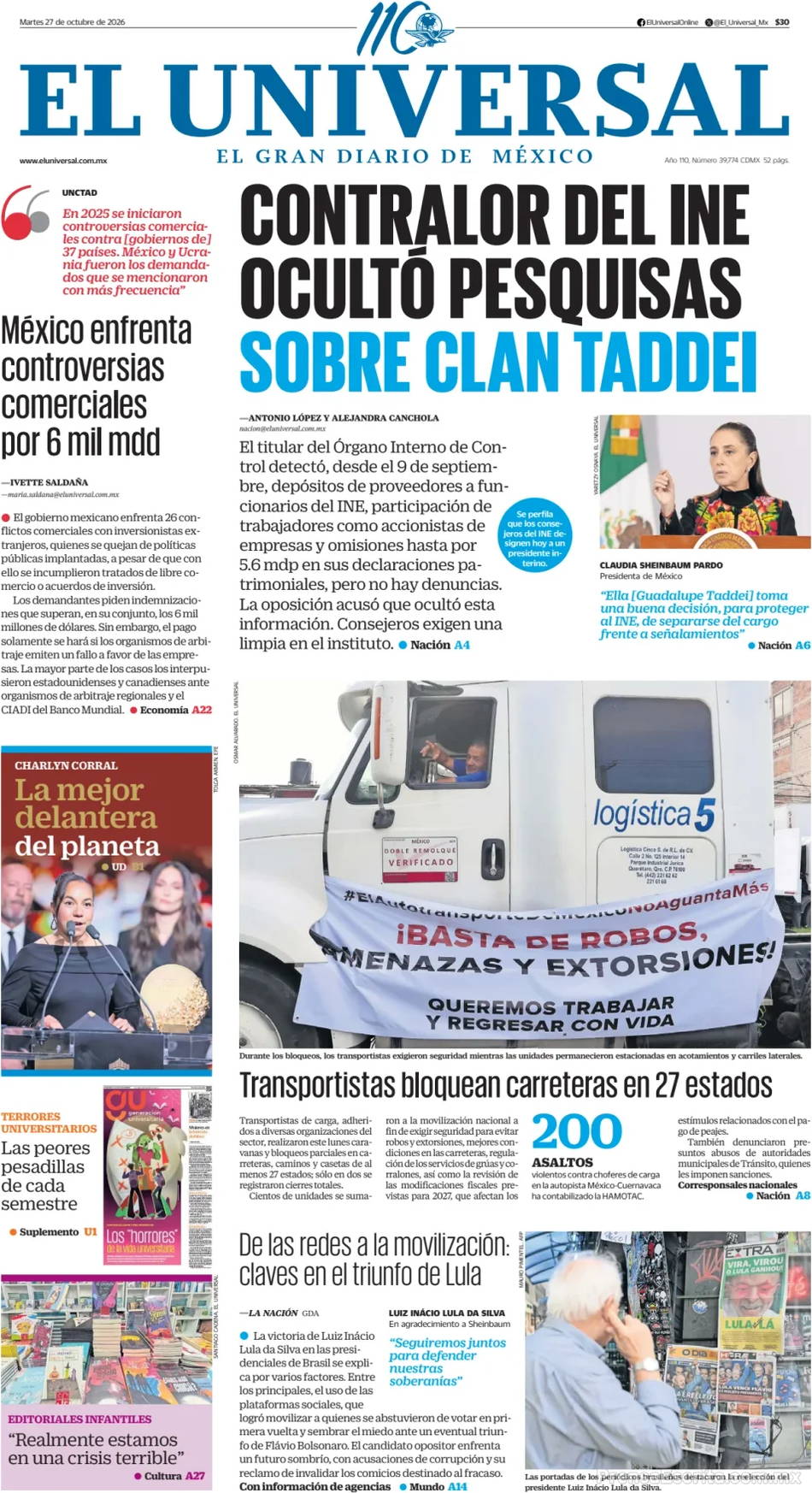 Portada de hoy del Periódico El Universal, 27 octubre 2026