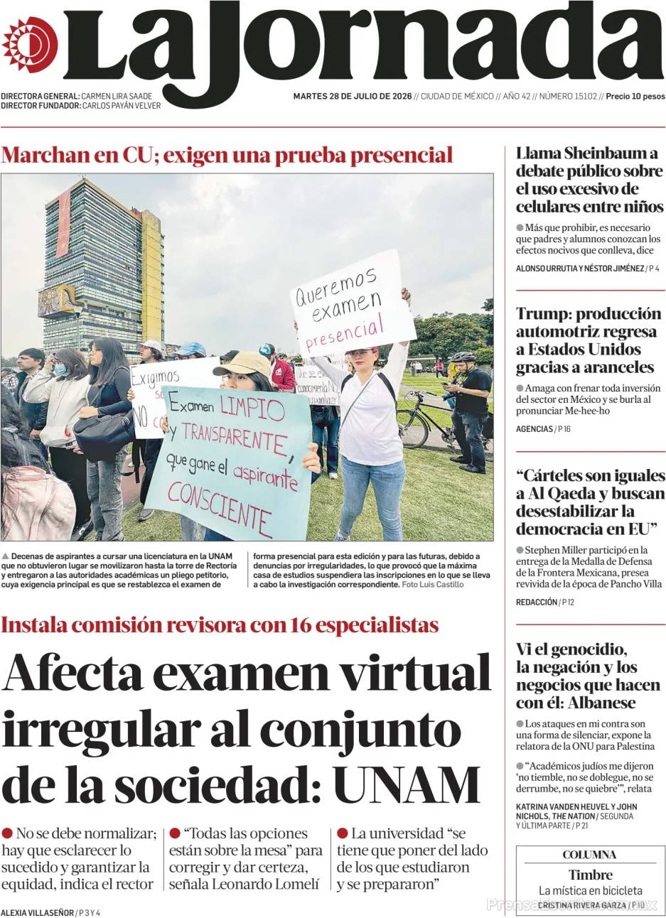 Portada de hoy del Periódico La Jornada, 28 julio 2026