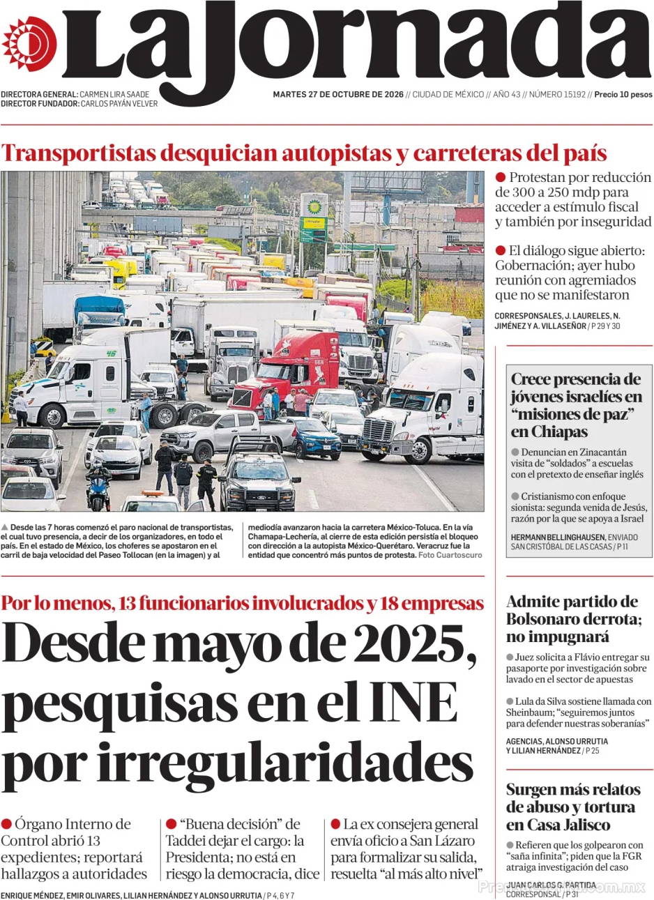 Portada de hoy del Periódico La Jornada, 27 octubre 2026