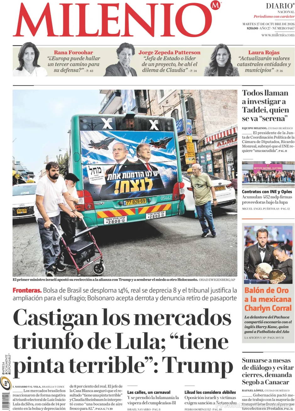 Portada de hoy del Periódico Milenio, 27 octubre 2026